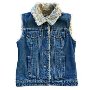Gap Y2K Vintage Blue Denim Vest Size XS Faux Fur Lined Button Front Collared